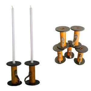 Set of 5 Vintage Wood Spool Candleholders – 1930s Blue Bird Silk Co. Repurposed